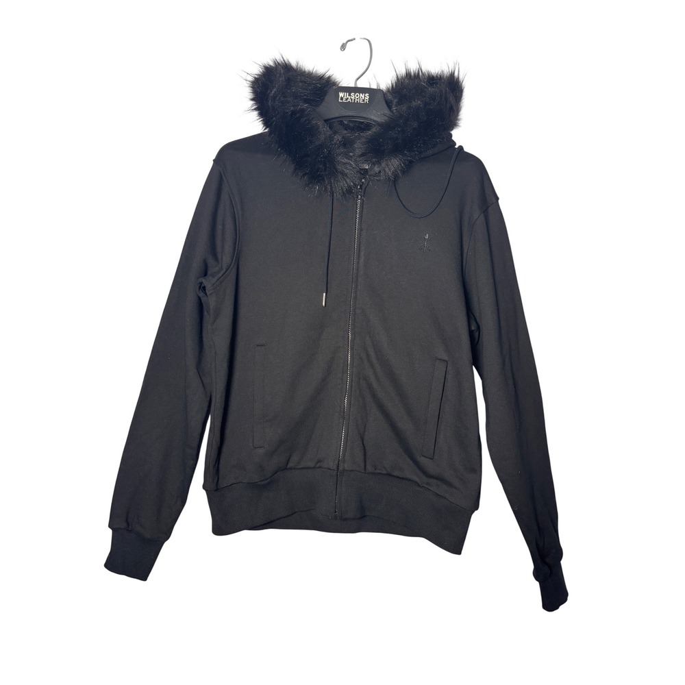 Opening Ceremony Mens Hoodie XS Black Faux Fur Trim Hood Zip Up Streetwear NEW
